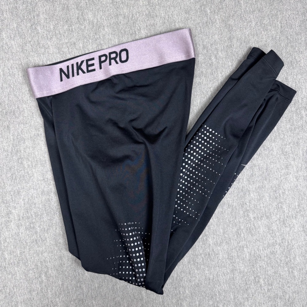 Nike Pro Dri-Fit Womens Leggings Black Metallic Lavender Dot Tights Small